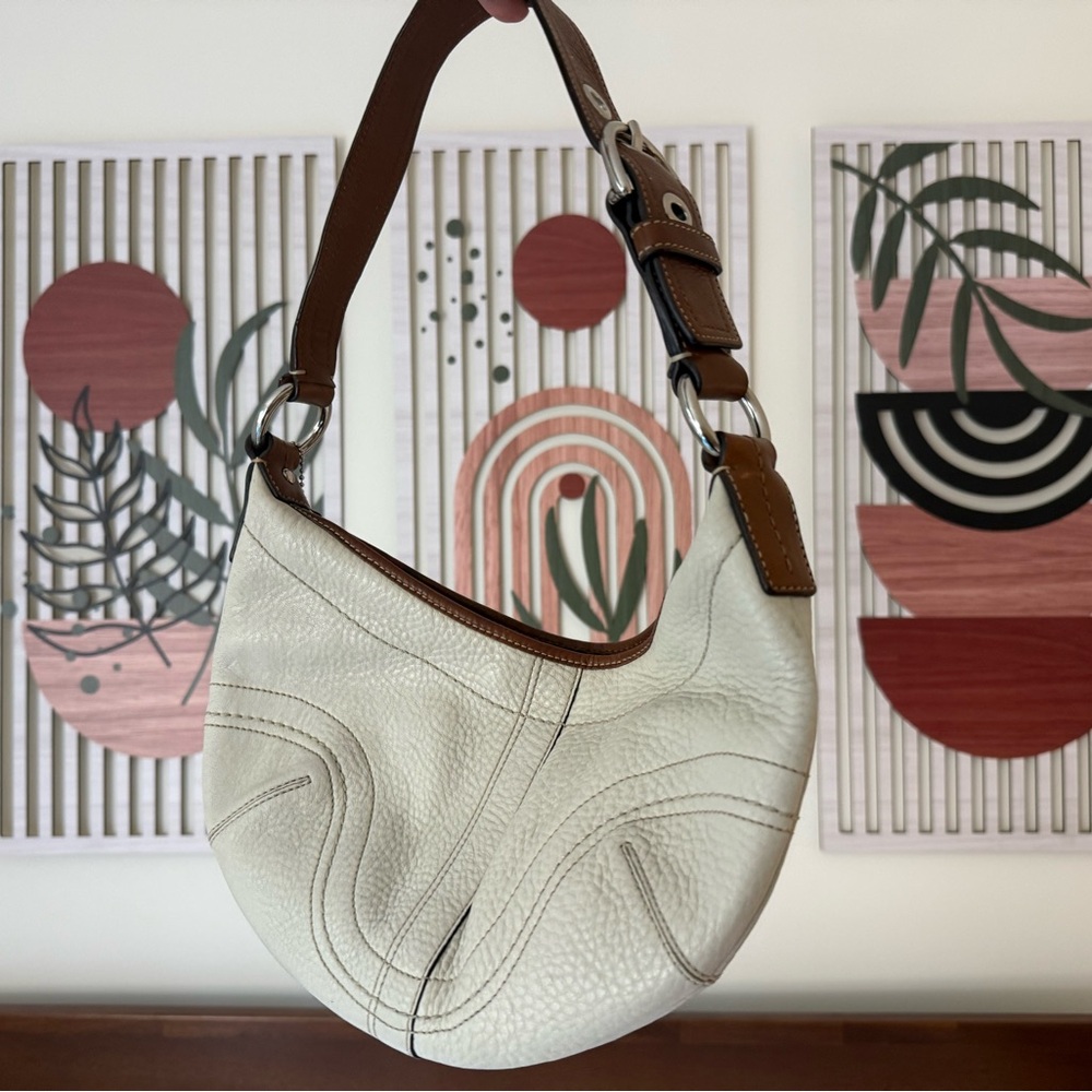 Coach Off White Leather Hobo Shoulder Bag with Tan Strap